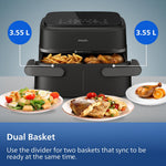 Philips Dual Basket Airfryer 1000 Series - 7.1L Mega Draw or Dual 3.5L+3.5L cooking zone, RapidAir Technology, 10 Cooking Functions, 90% Less Fat, Compact Design, (NA154/09)