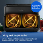 Philips Dual Basket Airfryer 1000 Series - 7.1L Mega Draw or Dual 3.5L+3.5L cooking zone, RapidAir Technology, 10 Cooking Functions, 90% Less Fat, Compact Design, (NA154/09)