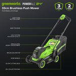 Greenworks 24V Cordless Lawnmower with Brushless Motor for Smaller Lawns up to 140m², 33cm Cutting Width, 30L Bag, Lawnmower with 24V 4Ah Battery & Charger, 3 Year Guarantee-MO24L411-01