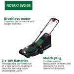 Bosch Cordless Lawn Mower ROTAK18V2-38 (Cutting Width: 38 cm, Height of Cut: 30-75 mm, 40 l Fabric Grass Bag, Mulch Plug, incl 2 x 18V Battery and Charger)