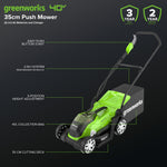 Greenworks 40V Cordless Lawnmower for Lawns up to 400m², 35cm Cutting Width, 40L Bag PLUS Two 40V 2Ah Batteries & One Charger, 3 Year Guarantee-G40LM35K2X, Green