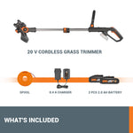WORX WG163E 18V (20V MAX) Cordless Grass Trimmer With Command Feed And 2 Batteries Strimmer Line Strimmers Edge Cutter Black, Cutting width 30 cm, Line Diameter 1.65 mm