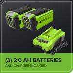 Greenworks 40V Cordless Lawnmower for Lawns up to 400m², 35cm Cutting Width, 40L Bag PLUS Two 40V 2Ah Batteries & One Charger, 3 Year Guarantee-G40LM35K2X, Green