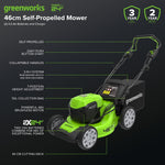 Greenworks 48V (2x24V) Self Propelled Cordless Lawnmower for Large Lawns up to 480m2, 46cm Cutting Width, 55LBag PLUS Two 4Ah Batteries and Twin Charger, 3 Year Guarantee GD24X2LM46SPK4X