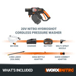 WORX Nitro HydroShot WG633E 20V High-Flow Cordless Portable Pressure Cleaner Power Washer with Brushless Motor Up to 56 Bar Pressure, IPX7 Waterproof Battery, Charger, Multi-Spray Nozzle & Accessories