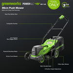 Greenworks 48V (24V x 2) Lithium‑Ion Cordless Lawnmower, 36cm Cutting Width, up to 400m², 40L Grass Bag, 5-position central height adjustment 30–80mm, Battery & Charger Not Included – LM3602