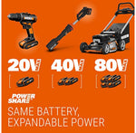 Worx WG779E.2 40V 34cm Cordless Lawnmower, ideal for Gardens up to 230㎡, Cut-to-Edge, striped Lawn Roller, foldable Handle, PowerShare, includes 2x 2.0Ah Batteries, Charger & 30L Grass collection bag
