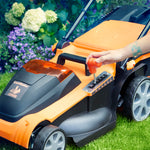 LawnMaster 48V 41cm Cordless Lawnmower with a Set of two MX 24V 4.0Ah Lithium Ion Batteries, 2x Fast Chargers, Edging Comb, Rear Roller and Mulching Function. Battery lawn mower for Large Lawns.