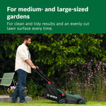 Bosch Cordless Lawn Mower ROTAK18V2-38 (Cutting Width: 38 cm, Height of Cut: 30-75 mm, 40 l Fabric Grass Bag, Mulch Plug, incl 2 x 18V Battery and Charger)