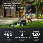 Greenworks 48V (2x24V) Self Propelled Cordless Lawnmower for Large Lawns up to 480m2, 46cm Cutting Width, 55LBag PLUS Two 4Ah Batteries and Twin Charger, 3 Year Guarantee GD24X2LM46SPK4X